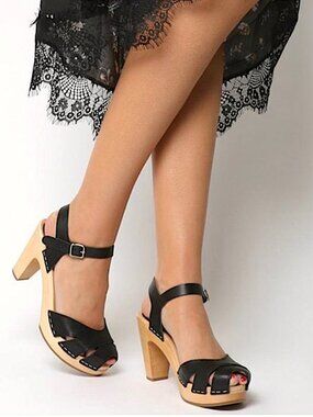 SWEDISH HASBEENS Suzanne Mary Jane Leather Wood Clogs Open Toe Sandal Size 6